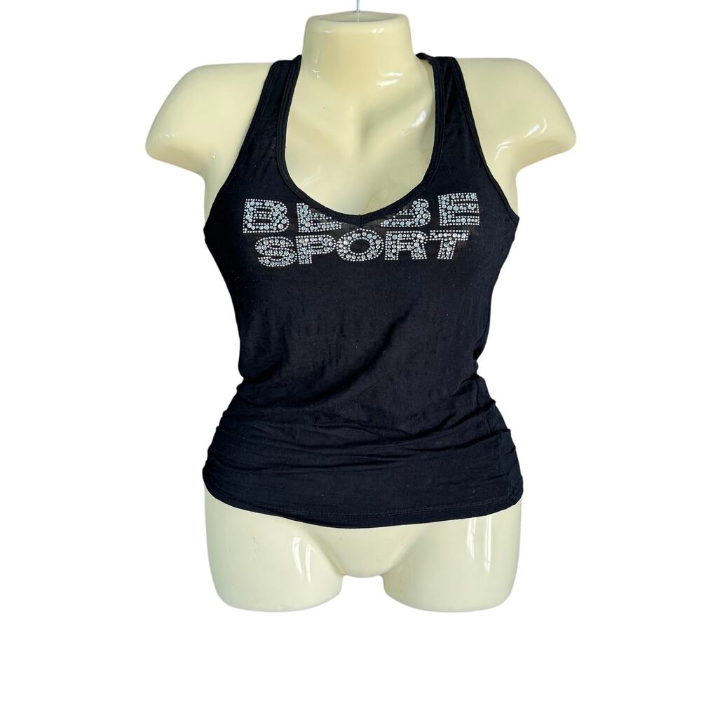 Bebe Sport Black Rhinestone Graphic Racerback Tank Top Women’s Medium